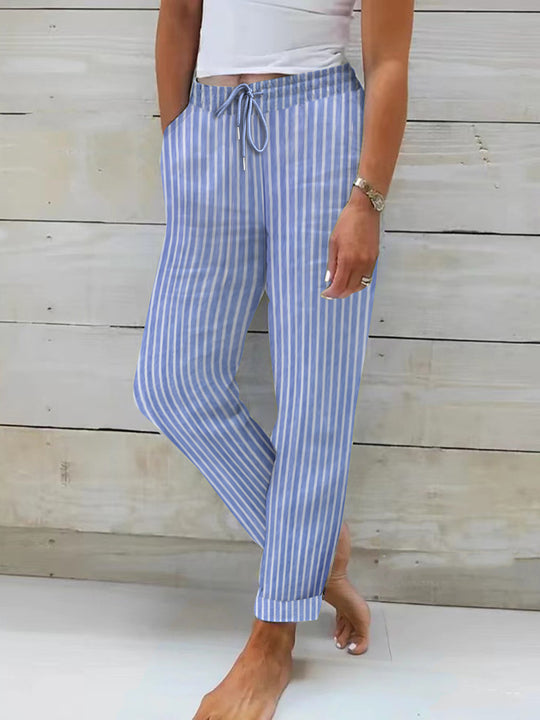 Damen entspannte Baumwoll-Streifenhose mit verstellbarem Bund R&B