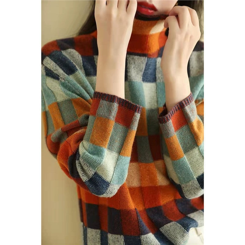 Damen Strickpullover mit modernem Karomuster und hohem Kragen R&B