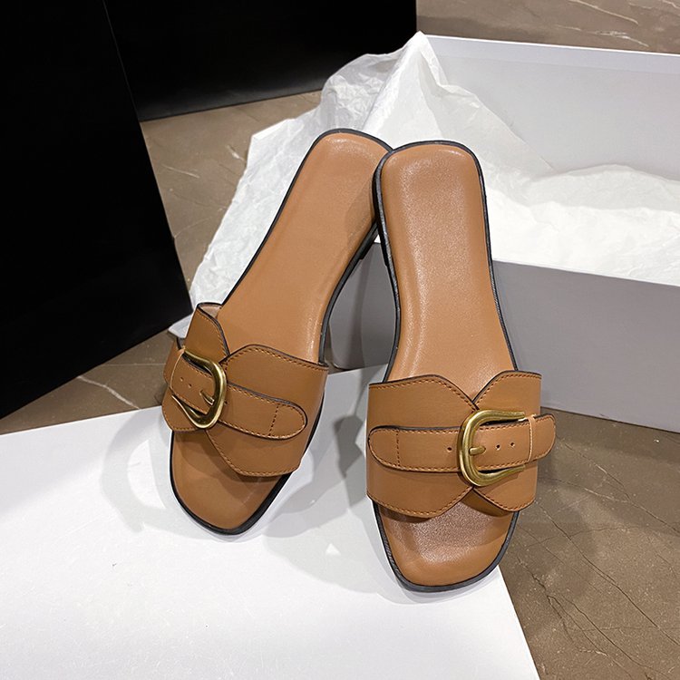 Damen elegante Riemchen-Pantoletten mit goldener Schnallenverzierung R&B
