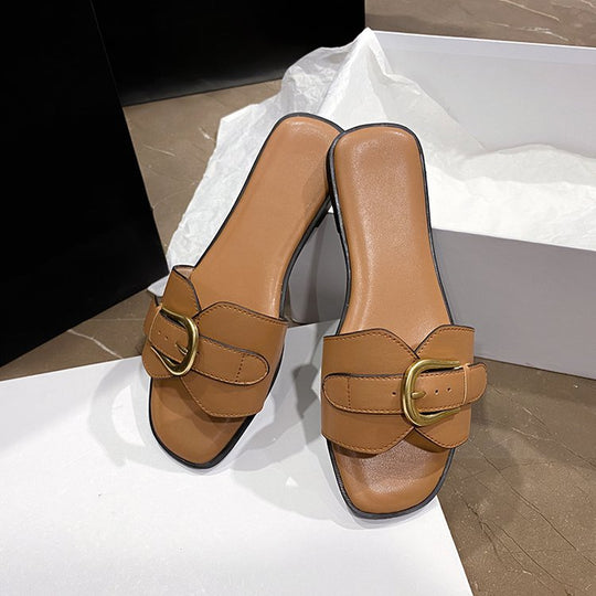 Damen elegante Riemchen-Pantoletten mit goldener Schnallenverzierung R&B