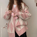 Damen lässige Strickjacke mit Rautenmuster und großen Knöpfen R&B