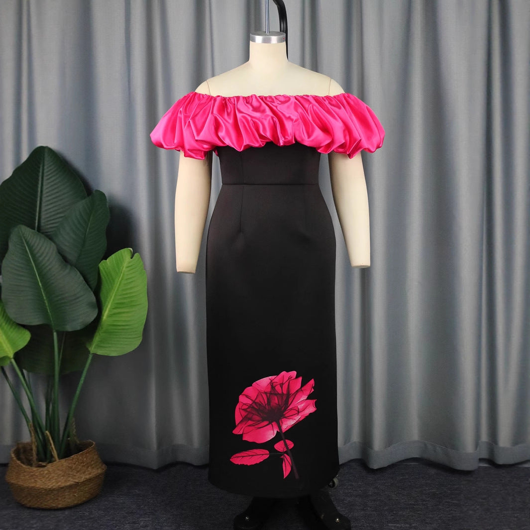 Damen elegantes Maxikleid mit voluminösem Rüschenkragen und floralem Print R&B