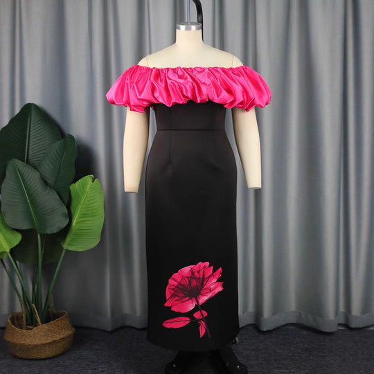 Damen elegantes Maxikleid mit voluminösem Rüschenkragen und floralem Print R&B