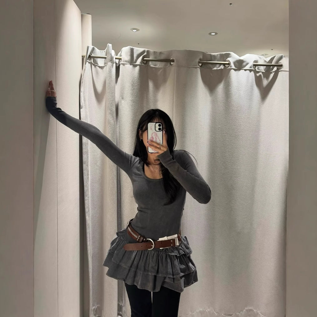 Damen Langarmkleid mit Rüschensaum R&B