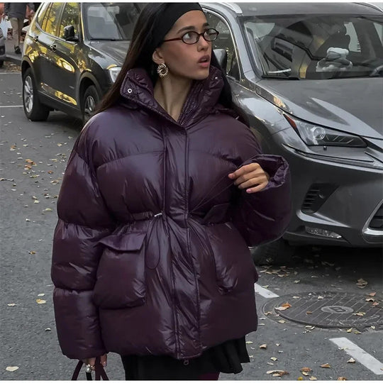Damen modische oversized Daunenjacke mit Taillengürtel und seitlichen Taschen R&B