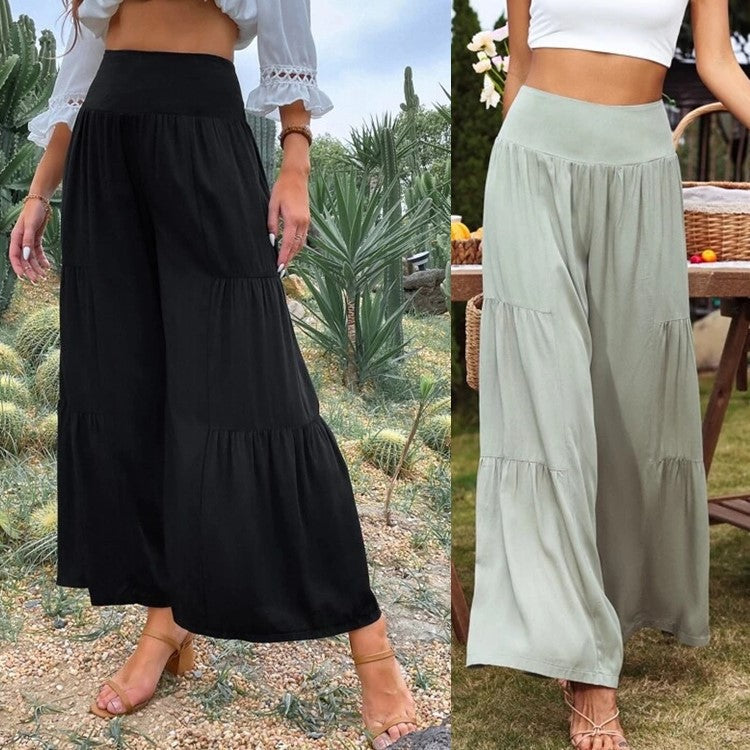 Damen weit geschnittene Sommerpalazzo-Hose mit hohem Bund und plisséierten Details R&B