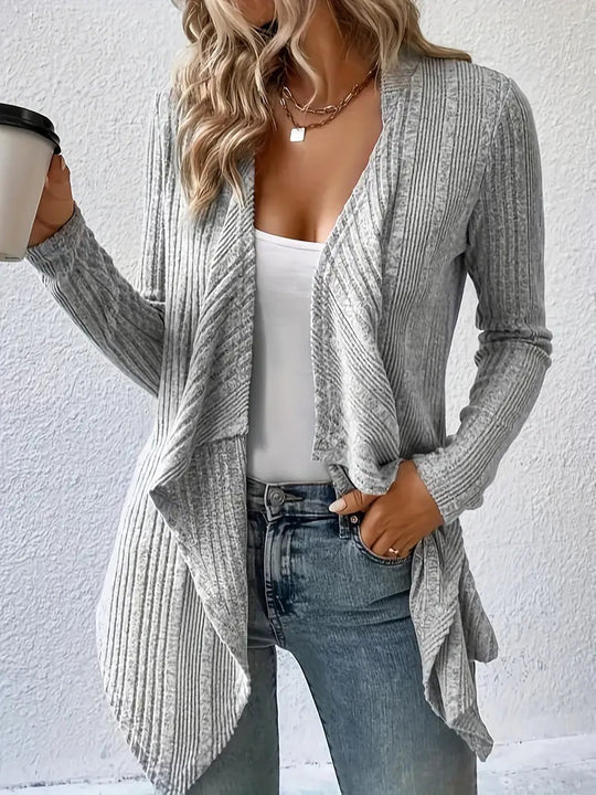 Damen lässige Strickjacke mit asymmetrischem Saum und offenem Design R&B