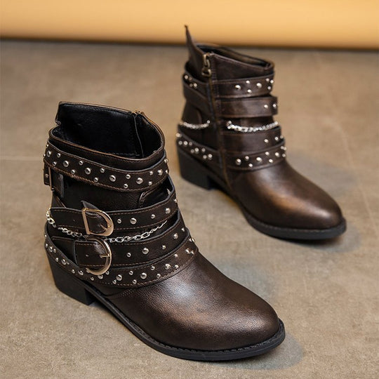 Damen modische Stiefeletten mit dekorativem Riemendesign und hochwertiger Lederoberfläche R&B