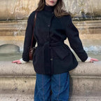 Damen Modische Wolljacke mit taillierbarem Gürtel und steigendem Kragen R&B