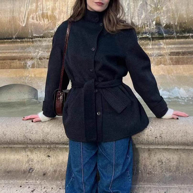 Damen Modische Wolljacke mit taillierbarem Gürtel und steigendem Kragen R&B