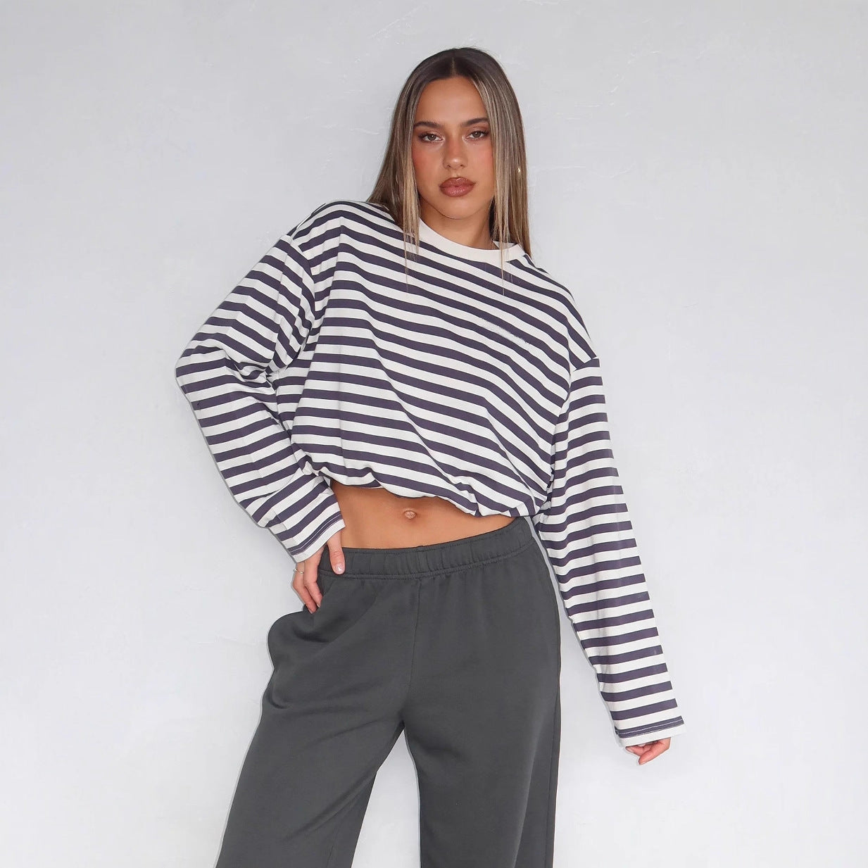 Damen cropped gestreifter Sweatshirt mit Kordelzug R&B