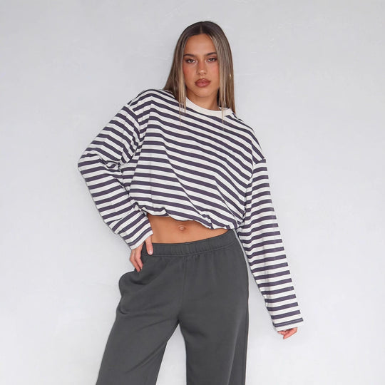 Damen cropped gestreifter Sweatshirt mit Kordelzug R&B