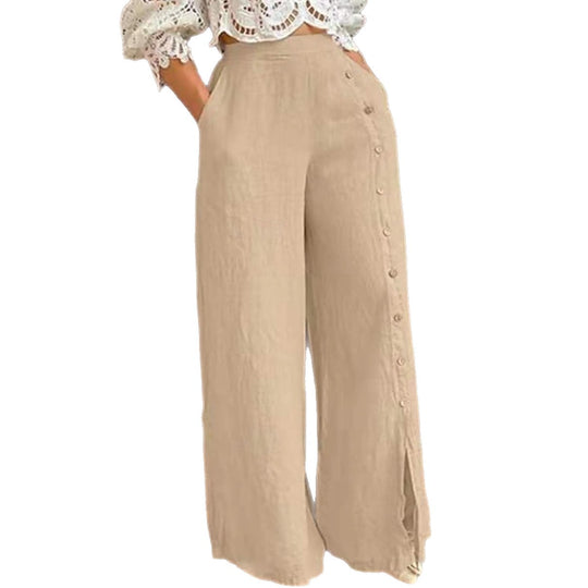 Damen nan hochgeschnittene Leinenhose mit seitlicher Zierknopfleiste, Eingrifftaschen und weitem Beinschnitt R&B
