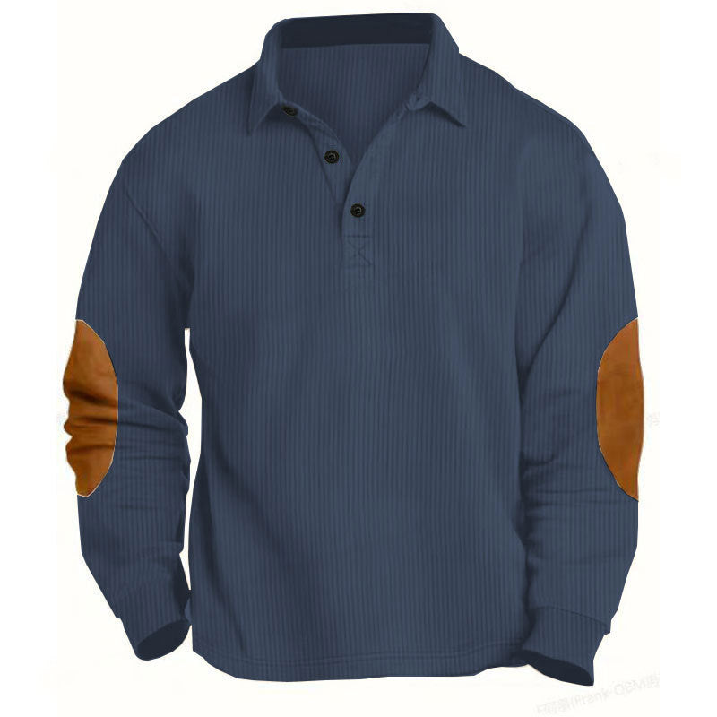 Herren nan legeres Langarm-Poloshirt mit Hemdkragen, kurzer Knopfleiste, feiner Struktur und Velours-Ellenbogenbesatz R&B
