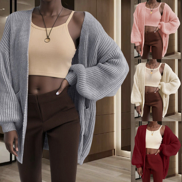 Damen Offener Strickcardigan mit voluminösen Ärmeln und praktischen Taschen R&B