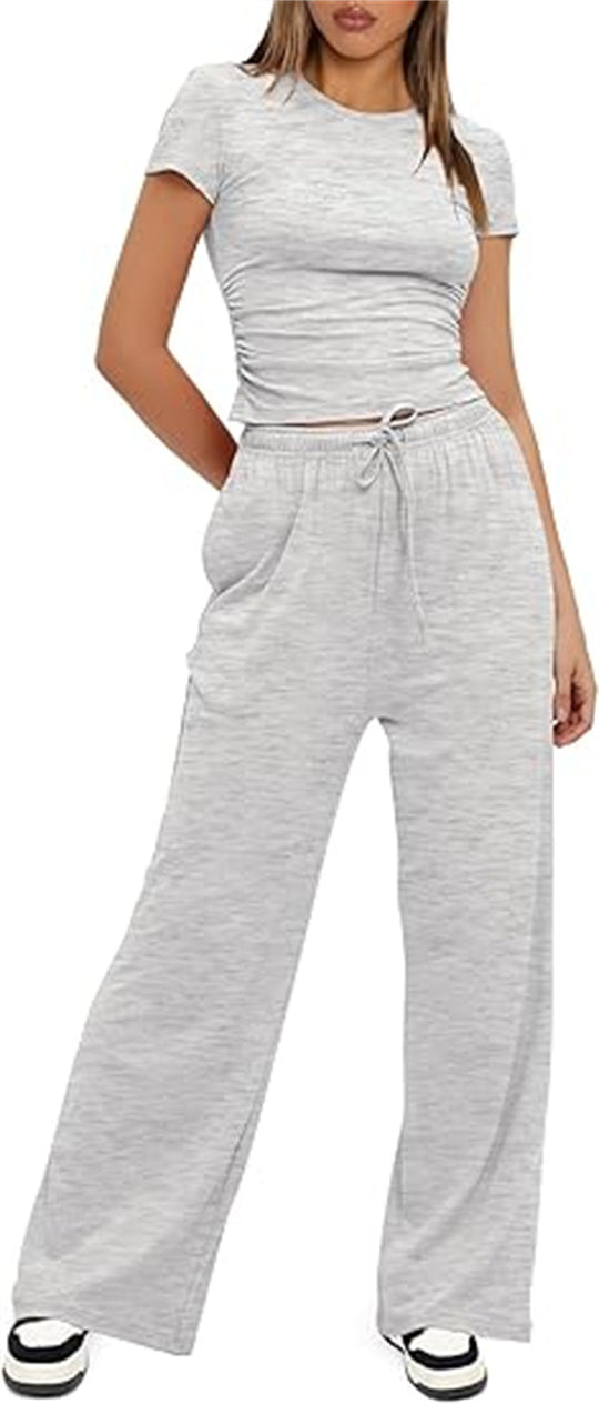 Damen lässiger Zweiteiler mit cropped Oberteil und weitem Beinkleid R&B