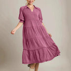 Damen lässiges Maxikleid mit V-Ausschnitt und volumetrischen Ärmeln R&B