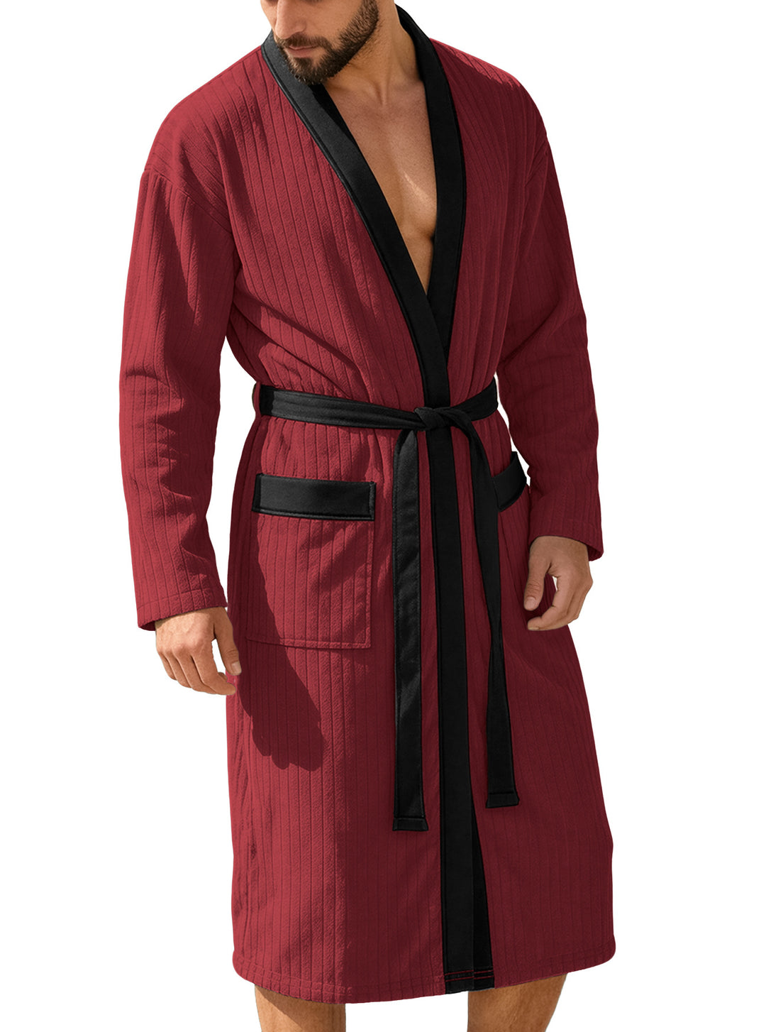 Herren nan wadenlanger Rippen-Bademantel im Kimono-Stil mit Schalkragen und Kontrastpaspel R&B
