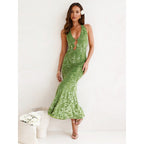 Damen elegantes Maxikleid mit tiefem V-Ausschnitt und transparentem Design R&B