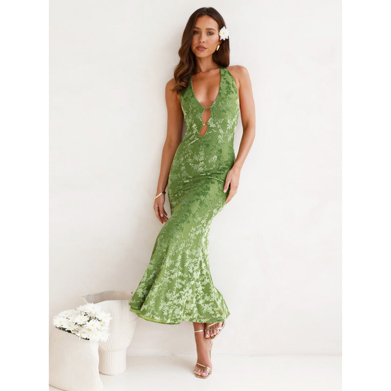 Damen elegantes Maxikleid mit tiefem V-Ausschnitt und transparentem Design R&B