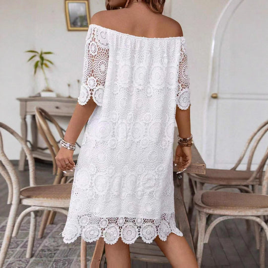 Damen nan schulterfreies Häkel-Midikleid mit Carmen-Ausschnitt und floraler Spitzenbordüre R&B