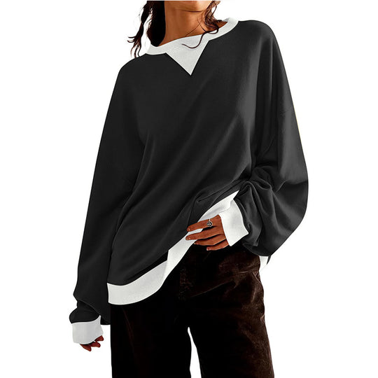 Damen lässiges Sweatshirt mit V-Ausschnitt und Kontrastbündchen R&B