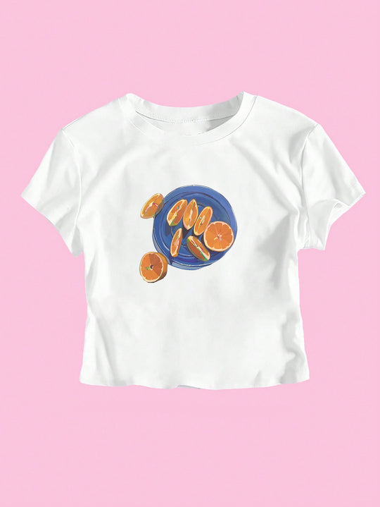 Damen Crop-T-Shirt mit fruchtigem Design und lässigem Schnitt R&B