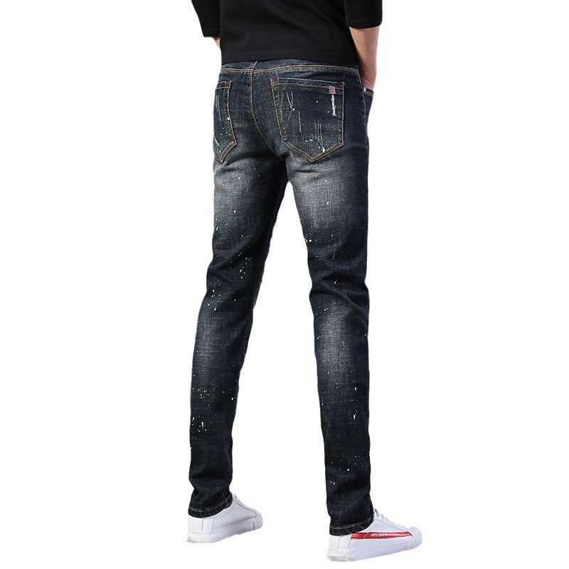Herren Slim Fit Jeans mit kreativen Rissdesign und Farbklecksen R&B