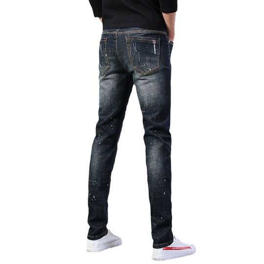 Herren Slim Fit Jeans mit kreativen Rissdesign und Farbklecksen R&B