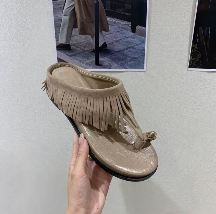 Damen elegante Flip-Flops mit fransiger Lederoptik und komfortablem Fußbett R&B