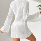 Damen luftiges Strickkleid mit tiefem V-Ausschnitt und modischem Schlitz R&B
