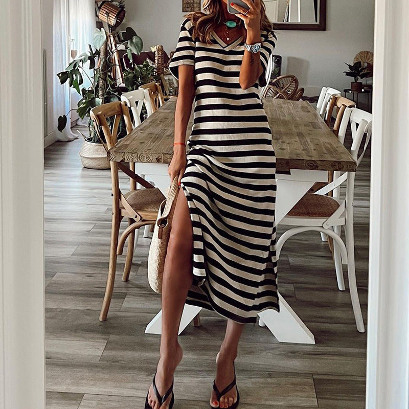 Damen Maxikleid mit tiefem Seitenschlitz und modischem Streifenmuster R&B