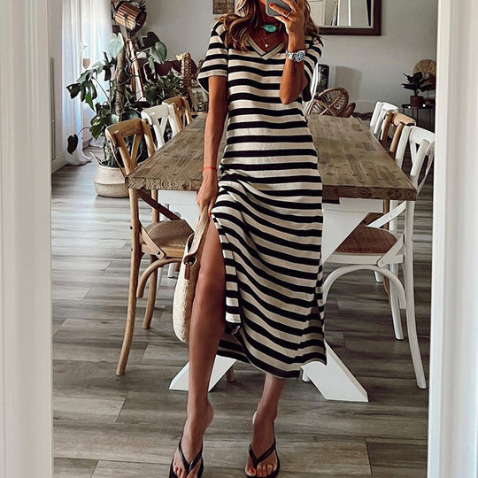 Damen Maxikleid mit tiefem Seitenschlitz und modischem Streifenmuster R&B