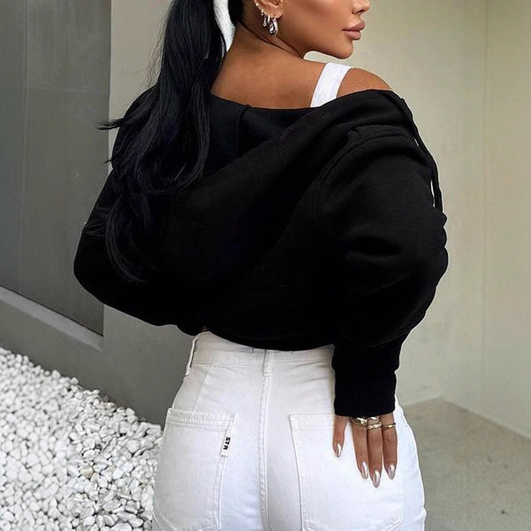 Damen Kurze Sweatjacke mit Kapuze und Reißverschluss R&B