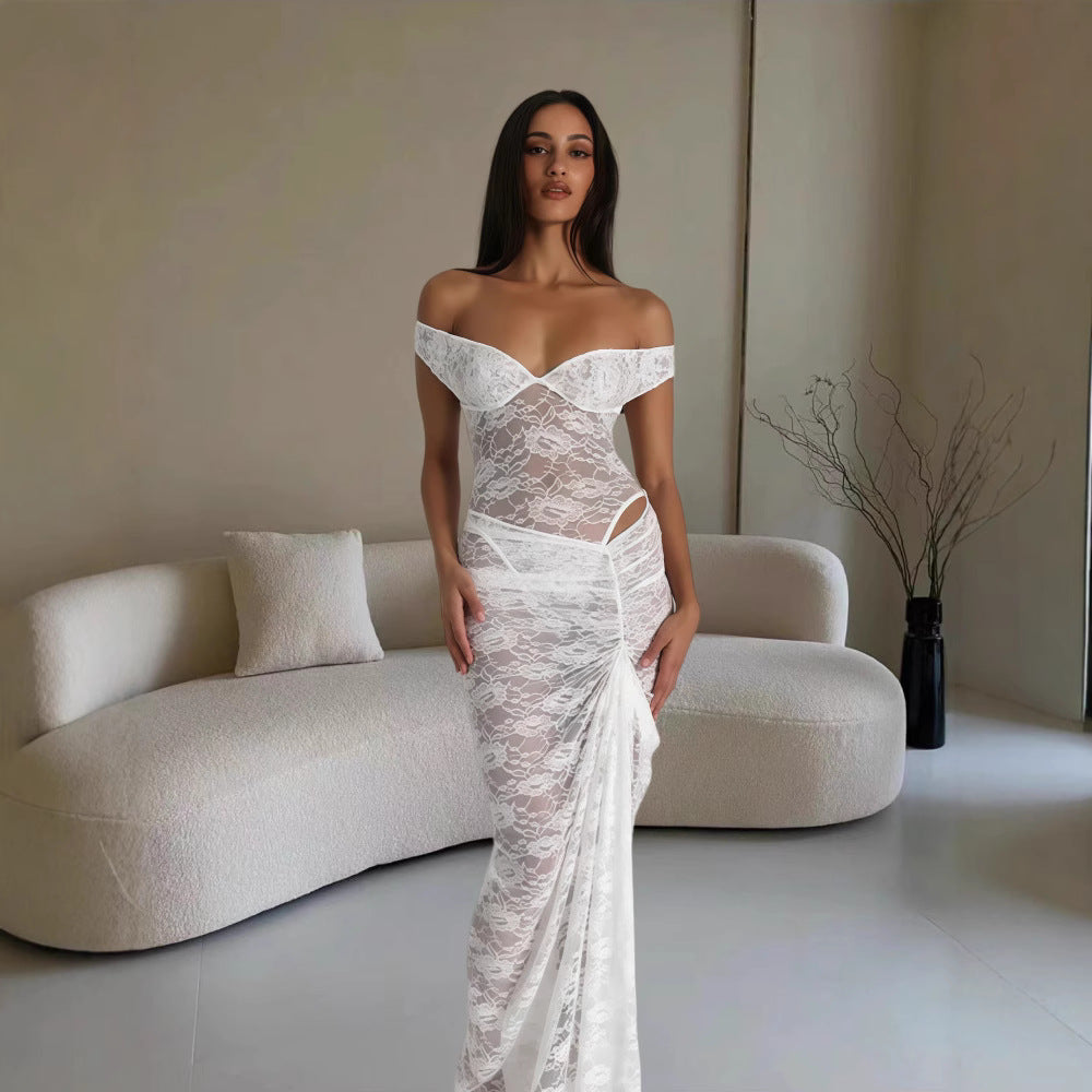 Damen Elegantes Spitzenkleid im Bodycon-Stil mit Off-Shoulder Ausschnitt R&B