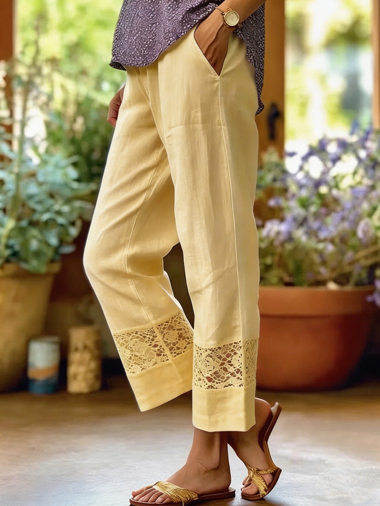 Damen Leichte Leinenhose mit Spitzenakzenten R&B