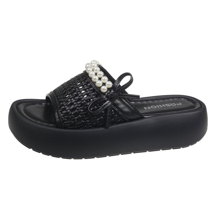 Damen bequeme und stilvolle Pantoletten mit perlenverziertem Riemen R&B