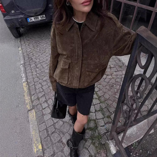 Damen Kunstlederjacke mit praktischen Taschen und elastischem Bund R&B