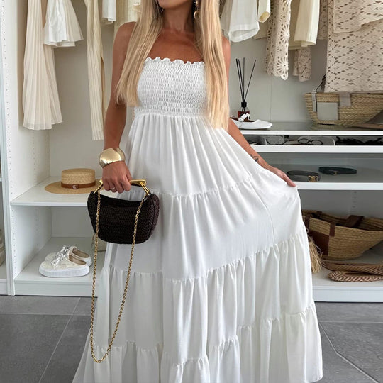 Damen Maxi-Kleid mit Smocked-Oberteil und voluminösen Rüschen R&B