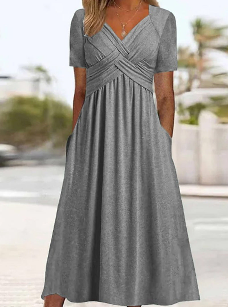 Damen nan luftiges V-Ausschnitt Midikleid mit überkreuzter Brustpartie, kurzen Ärmeln und Eingrifftaschen R&B