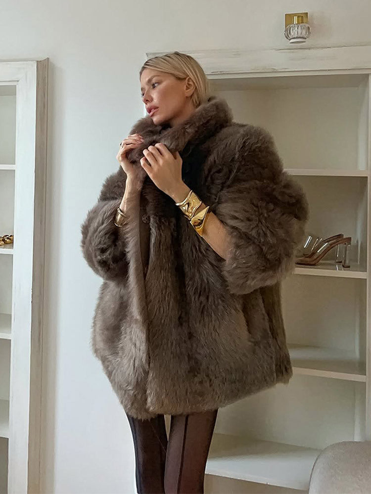 Damen luxuriöse Kunstfelljacke mit voluminösen Ärmeln R&B
