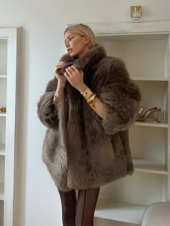 Damen luxuriöse Kunstfelljacke mit voluminösen Ärmeln R&B