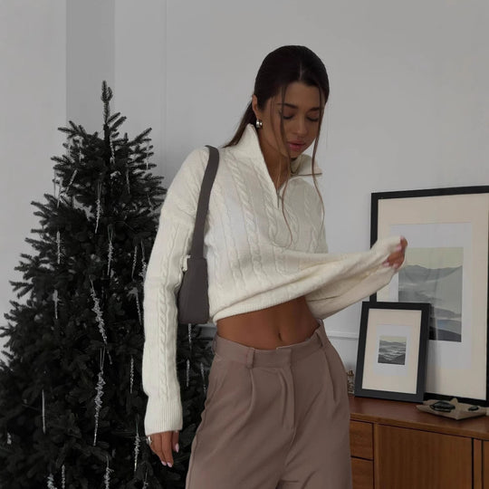 Damen Strickpullover mit modernem Zipper und Rippstrickdetails R&B