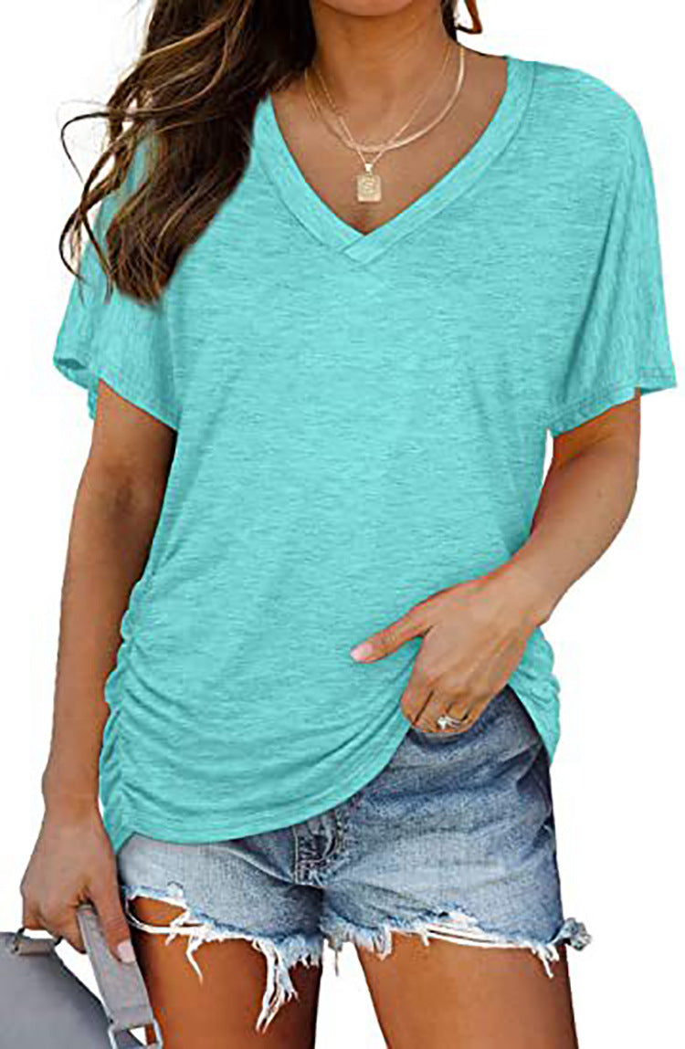Damen V-Ausschnitt T-Shirt mit dekorativem Raffungseffekt R&B
