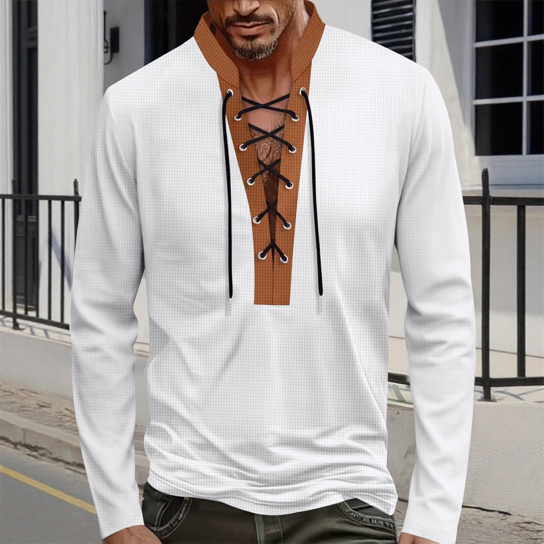 Herren modisches Langarmshirt mit Schnürung R&B