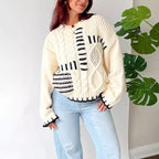 Damen Grobstrickpullover mit kreativem Patchwork-Design und lässigem Schnitt R&B