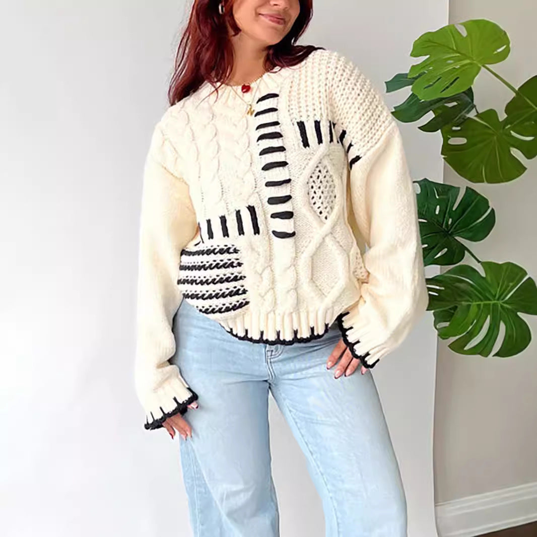 Damen Grobstrickpullover mit kreativem Patchwork-Design und lässigem Schnitt R&B