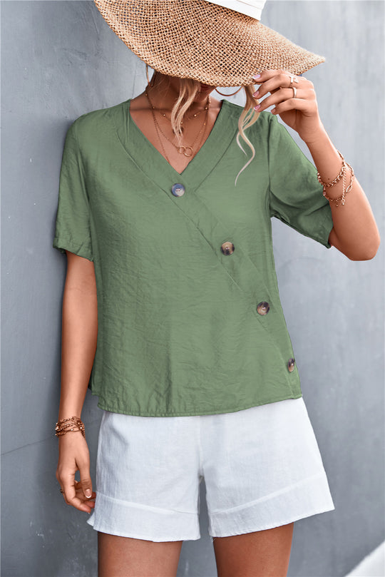 Damen lässige Bluse mit Wickeloptik und Knopfdetails R&B