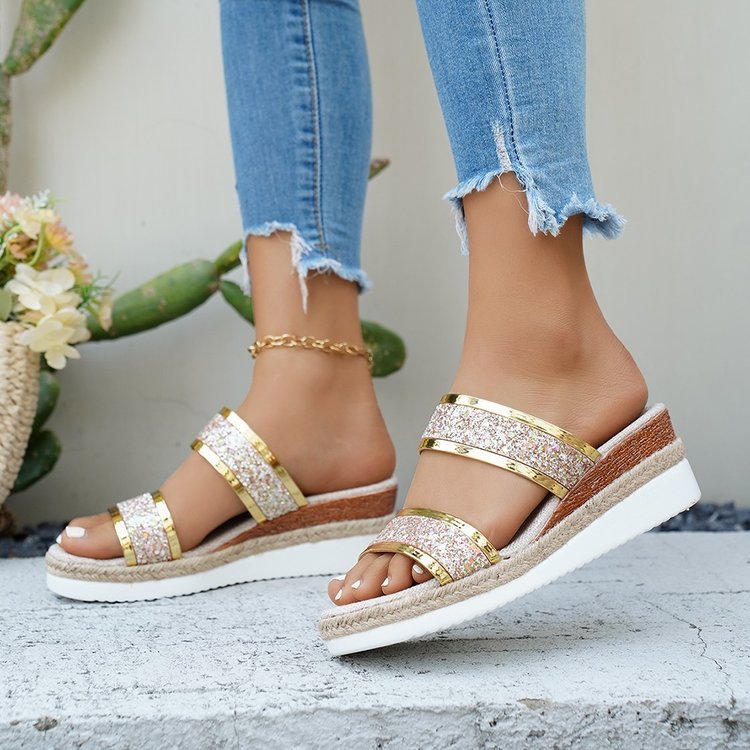 Damen Glamouröse Wedge-Sandaletten mit Glitzer-Riemen und komfortablem Fußbett R&B