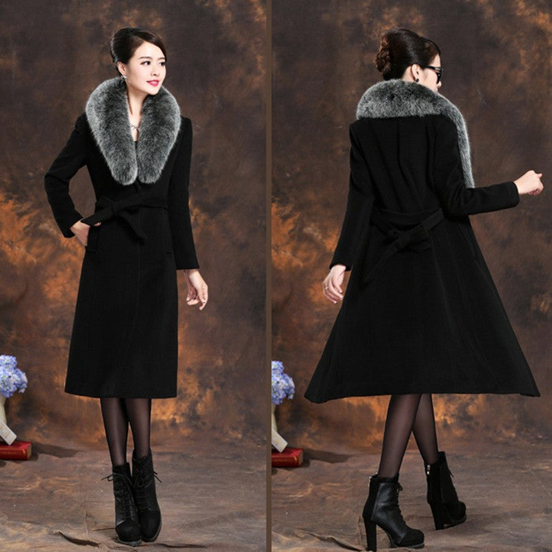 Damen elegante Wollmantel mit abnehmbarem Pelzkragen R&B